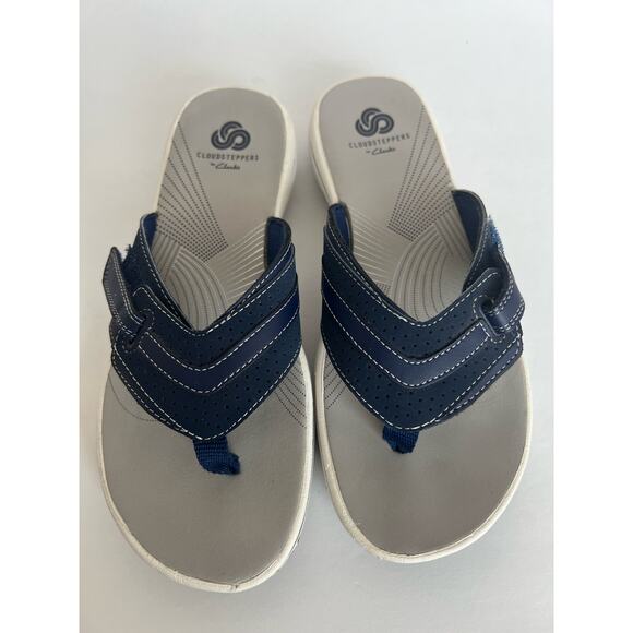 Clarks Cloud Steppers Navy Blue White and Gray Thong Sandal Shoes Size US 6 - Picture 8 of 9